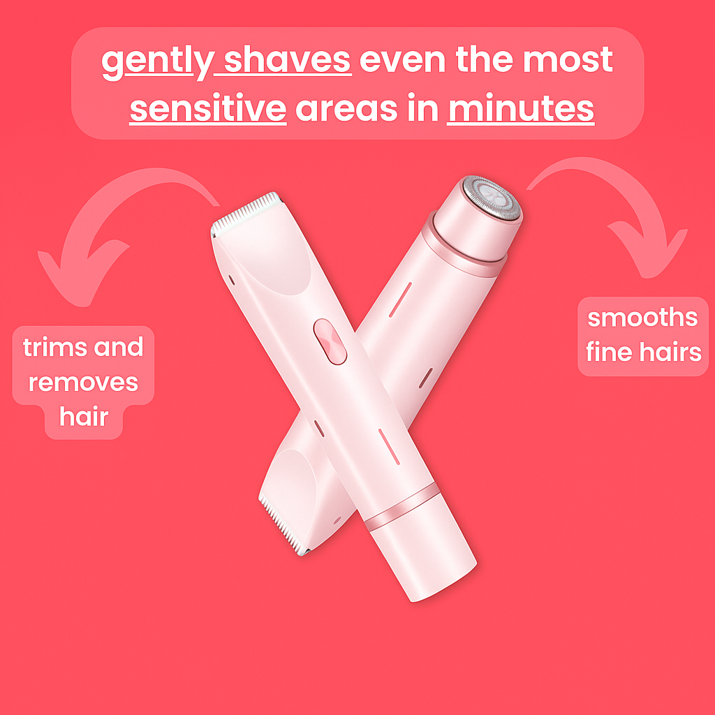 Silkaura™ 2-in-1 women's body shaver in pink, designed to gently shave sensitive areas, trim and remove hair, and smooth fine hairs quickly