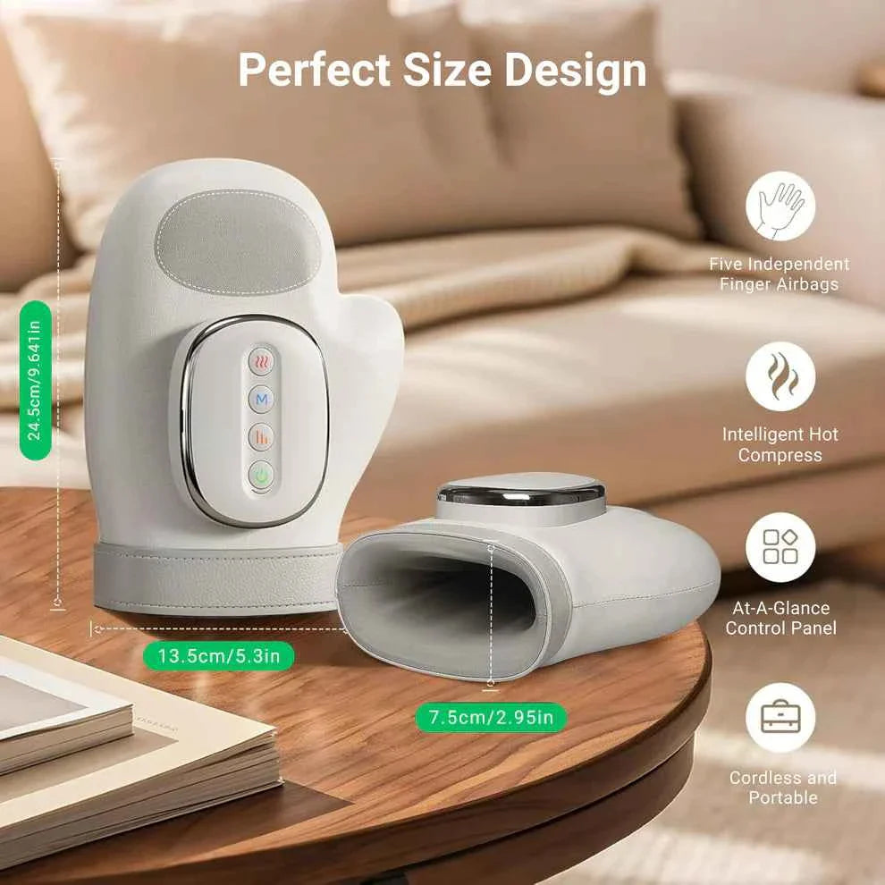 HANDEASE PRO heated compression hand massager with five finger airbags and intelligent hot compress on wooden table