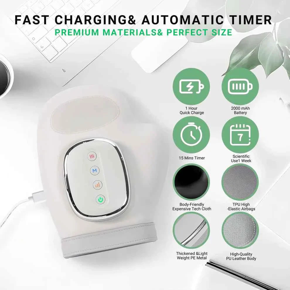 HANDEASE PRO heated compression hand massager with fast charging and automatic timer on white desk
