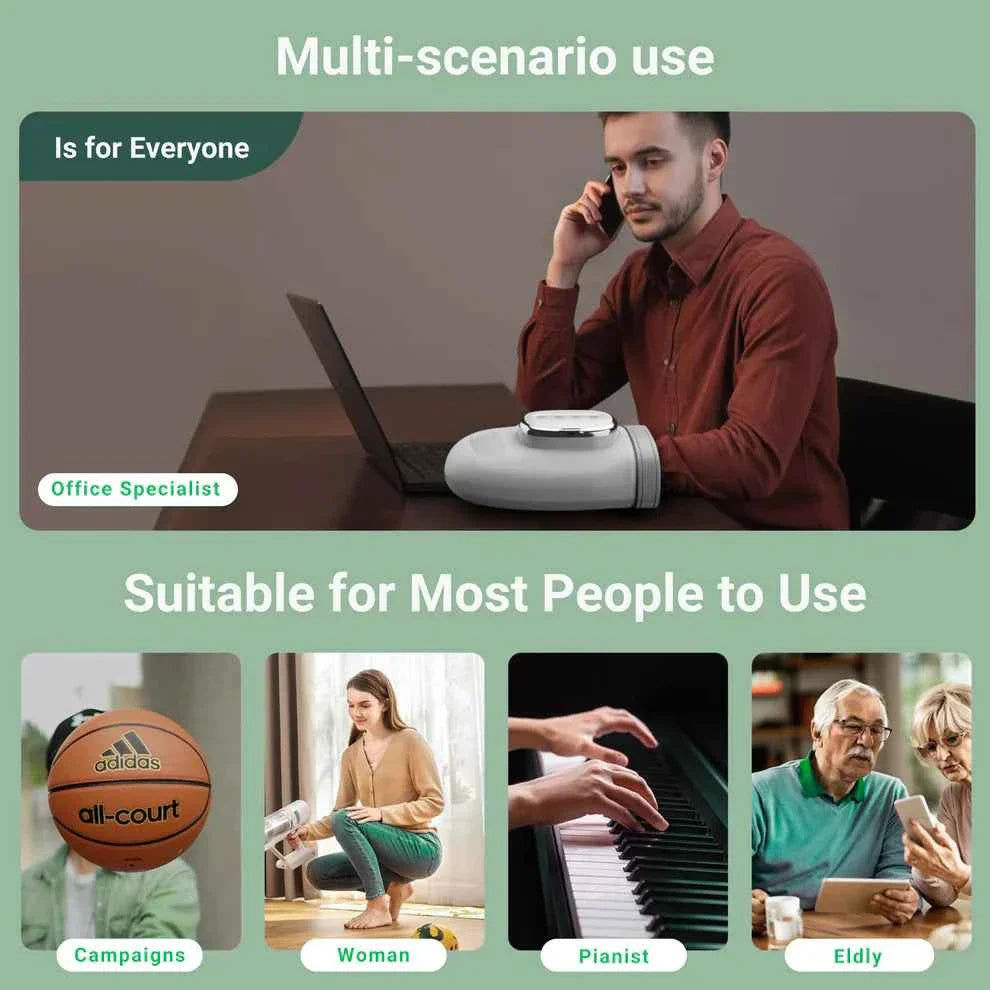 HANDEASE PRO heated compression hand massager for office specialists, athletes, women, pianists, and elderly users