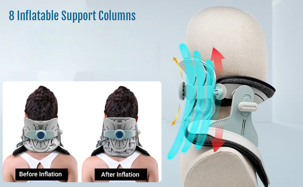 Cervitrax Gen-2 neck traction device showing before and after inflation with 8 inflatable support columns