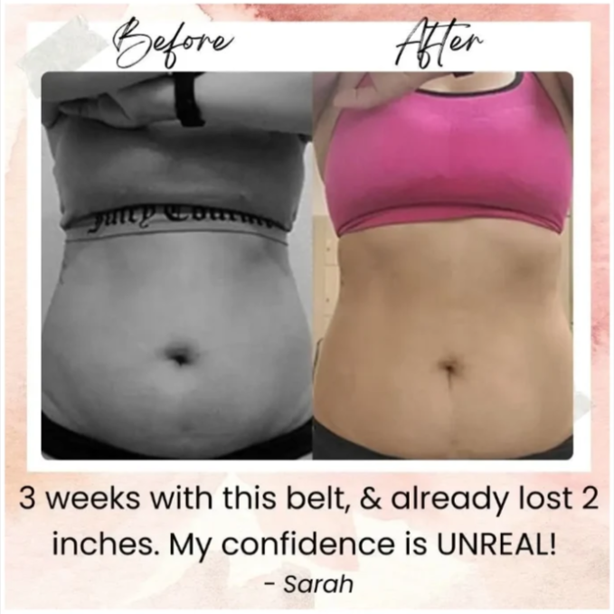 Before and after comparison of a woman's toned abdomen after using the BodiBeam™ Belt for 3 weeks, showing visible slimming results.