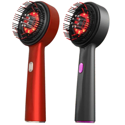 Revellia Hair Therapy handheld scalp massager with red and black color options and LED light therapy