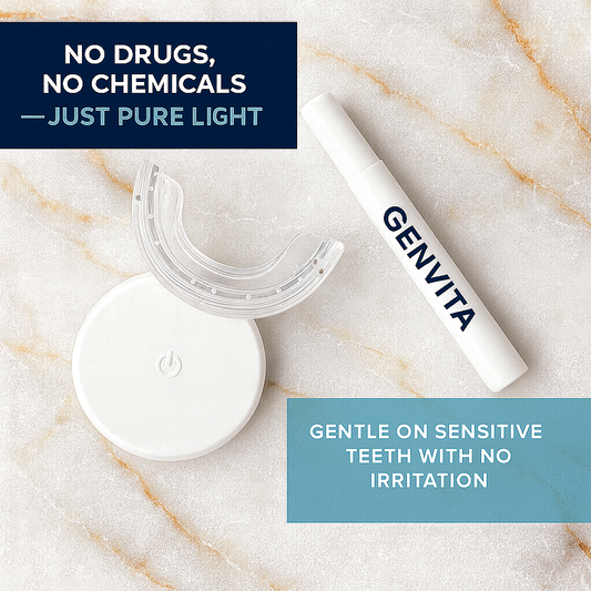 Genvita Pro teeth whitening kit with light device and applicator pen for gentle, chemical-free whitening