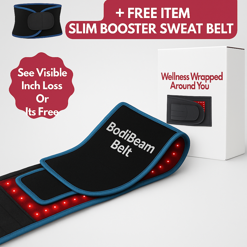 BodiBeam Belt with red LED lights and blue trim, promoting visible inch loss and featuring a free slim booster sweat belt.