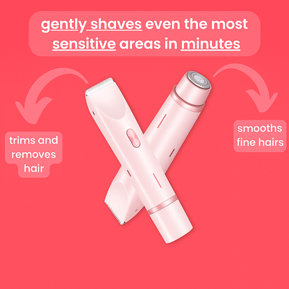 Silkaura™ 2-in-1 women's body shaver in pink, designed to gently shave sensitive areas, trim and remove hair, and smooth fine hairs quickly