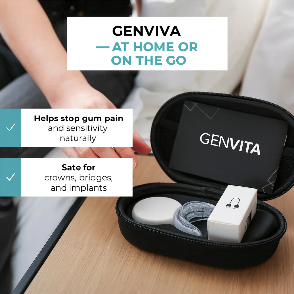 Genvita Pro dental device in black travel case on wooden table for gum pain relief and dental sensitivity protection