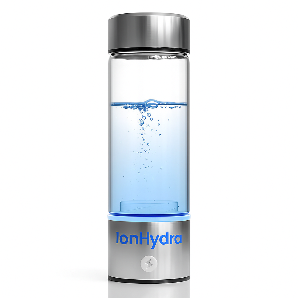 IonHydra™ sleek hydrogen water bottle with clear body and silver cap generating hydrogen bubbles.
