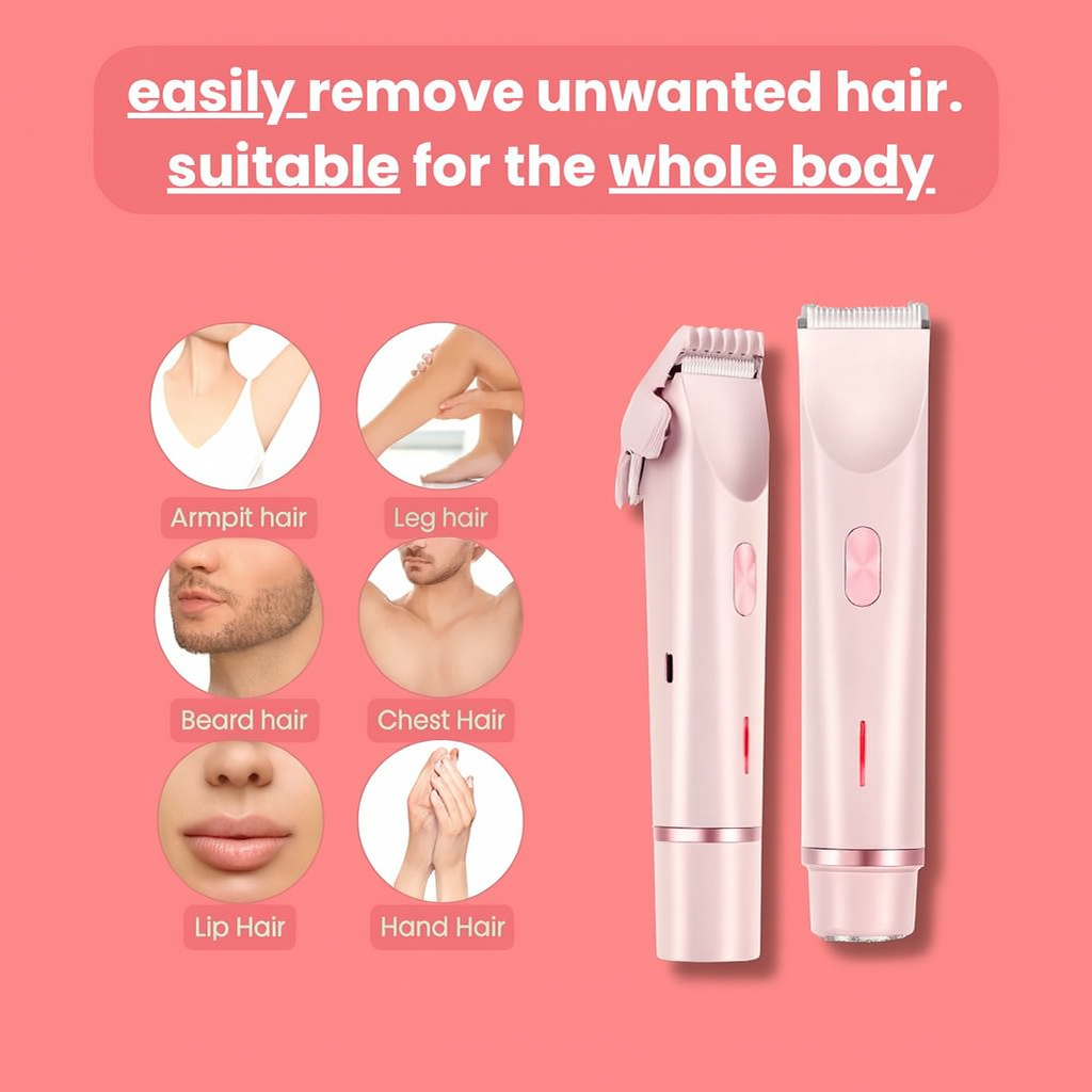 Silkaura™ 2-in-1 women’s body shaver with pink design for removing armpit, leg, beard, chest, lip, and hand hair