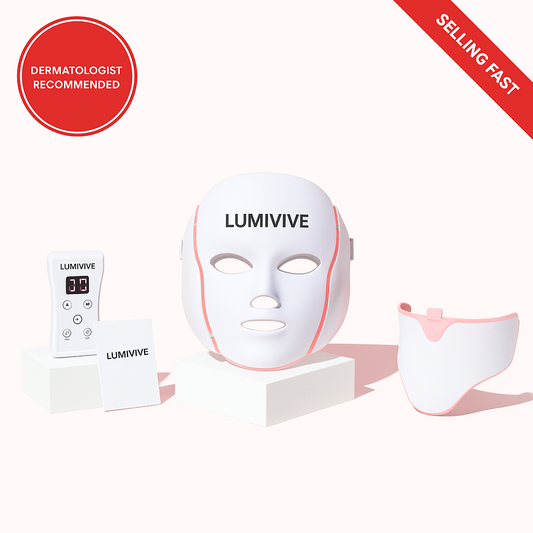 LumiVive™ Face Mask light therapy device with remote control and neck attachment on white background