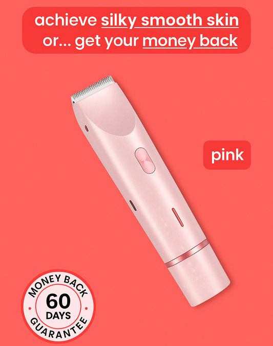 Silkaura™ 2-in-1 women’s pink body shaver with money-back guarantee on red background