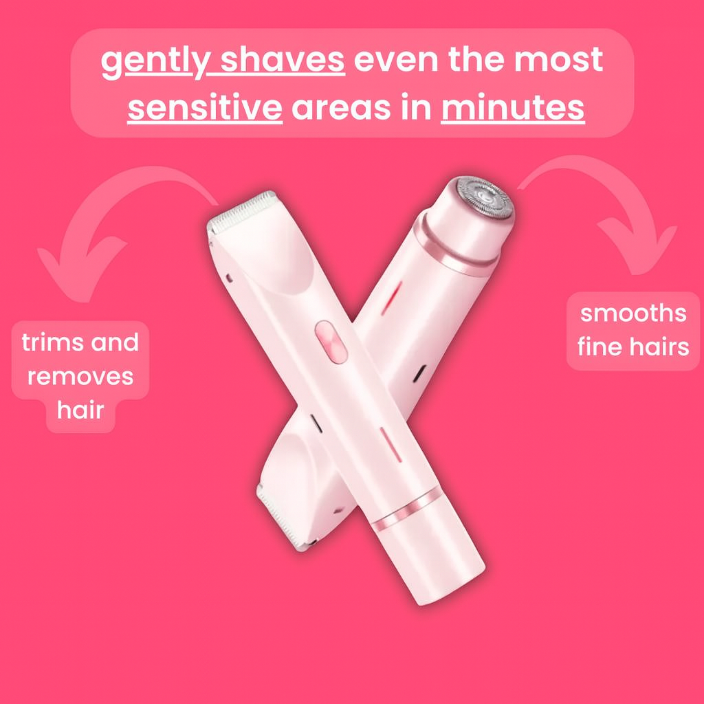 Silkaura™ 2-in-1 women’s body shaver gently trims and removes hair, smooths fine hairs, ideal for sensitive areas.