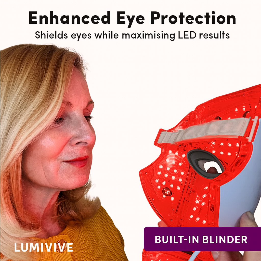 Woman using red LumiVive™ Face Mask with built-in eye protection for LED light therapy