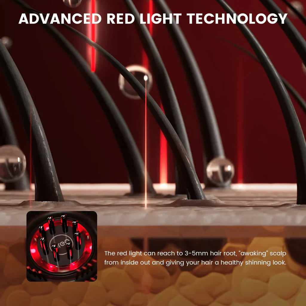 Close-up of scalp with hair follicles under advanced red light technology promoting healthy hair growth by Revellia Hair Therapy