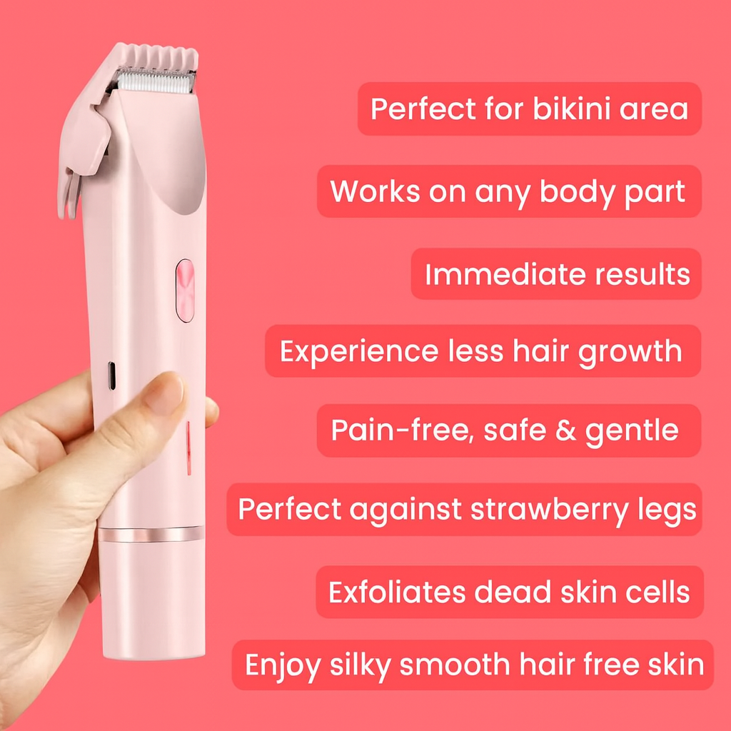 Silkaura™ 2-in-1 women's body shaver in pink, perfect for bikini area, gentle and pain-free, exfoliates and provides smooth hair-free skin