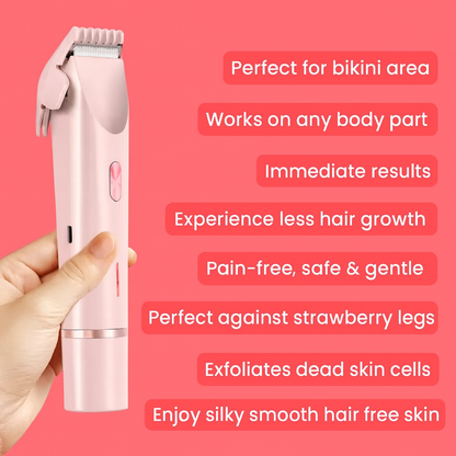 Silkaura™ 2-in-1 women's body shaver in pink, handheld, designed for gentle, pain-free hair removal and exfoliation on any body part including bikini area.