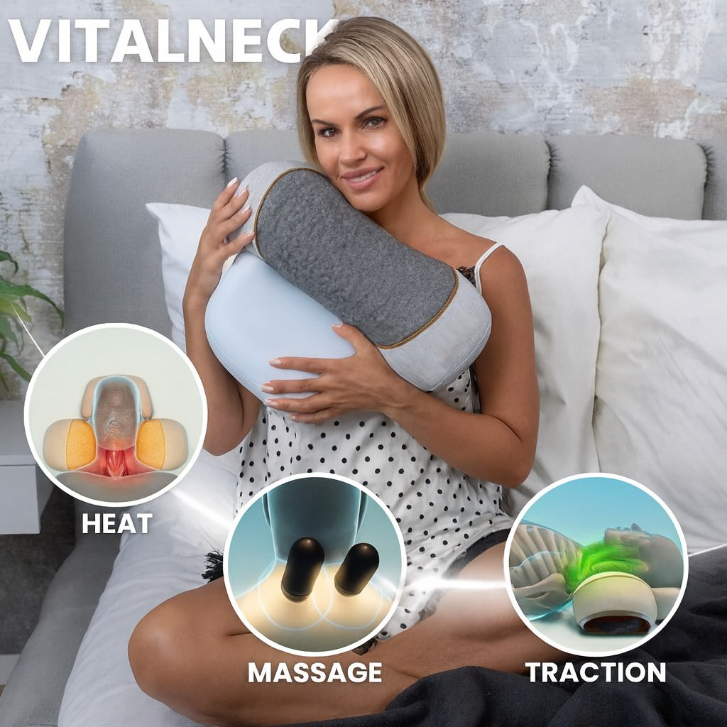 Woman sitting on bed hugging VitalNeck Thera Pillow showing heat, massage, and traction features