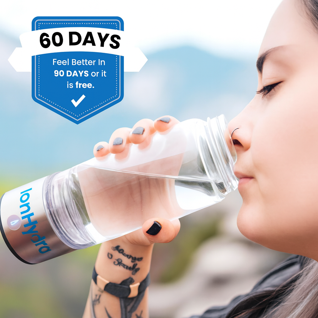 Woman drinking from IonHydra™ hydrogen water bottle outdoors with 