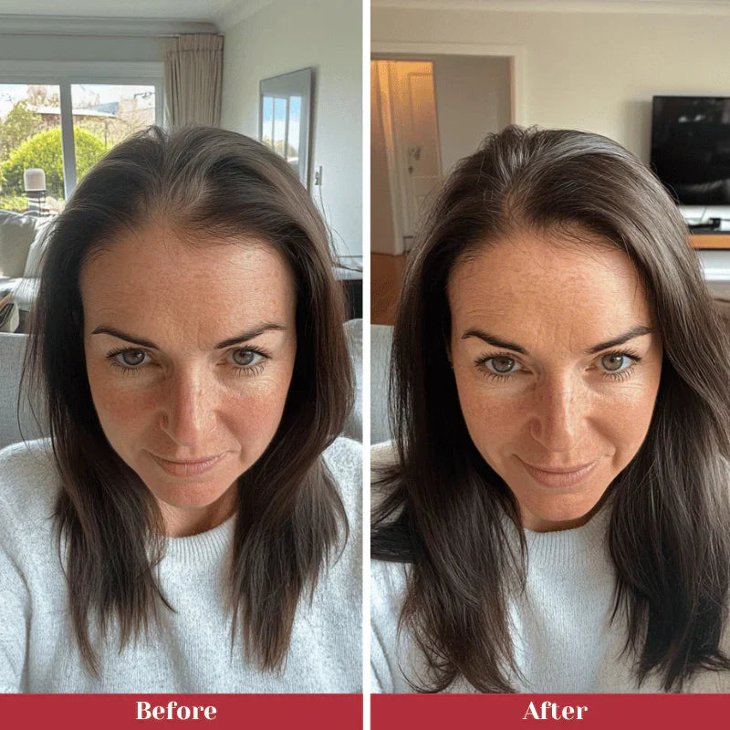 Before and after comparison of woman's hair showing results of Revellia Hair Therapy treatment