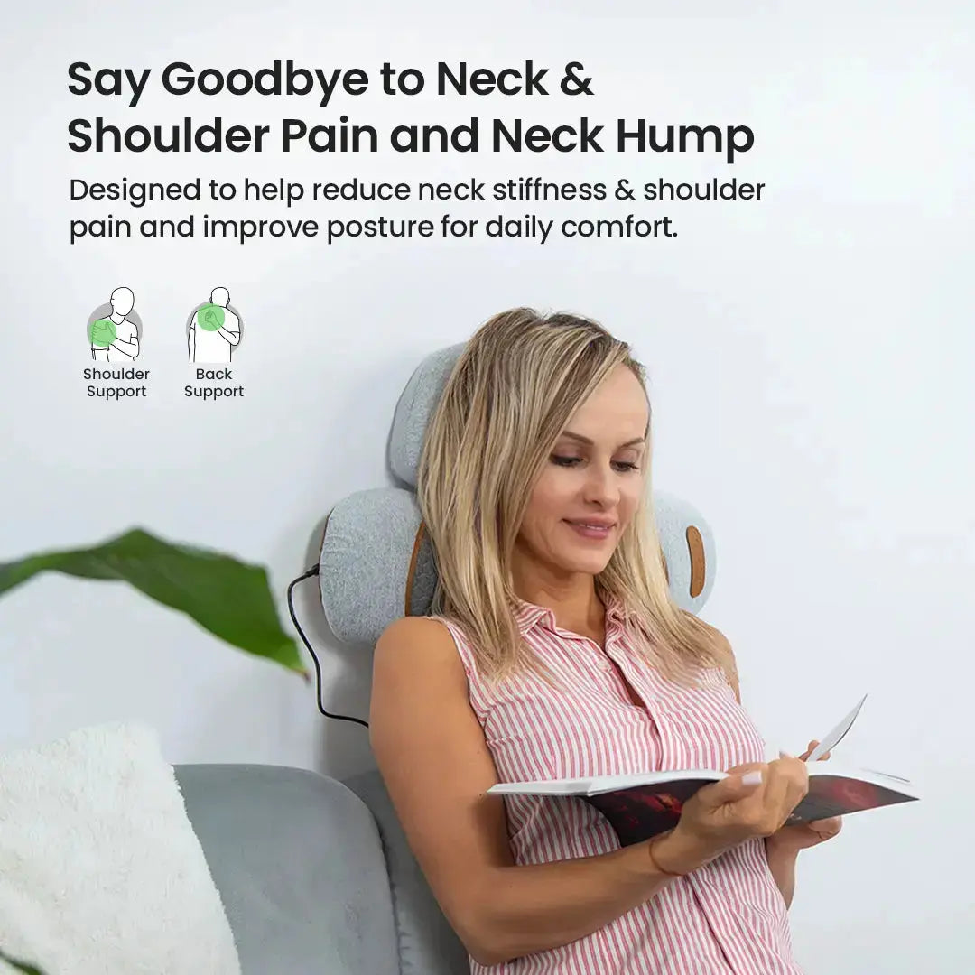 Woman reading comfortably using VitalNeck Thera Pillow for neck and shoulder support to reduce pain and improve posture