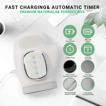 HANDEASE PRO heated compression hand massager with fast charging and automatic timer on white desk