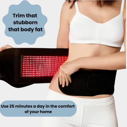 Woman wearing BodiBeam Belt with red LED lights for body fat trimming at home