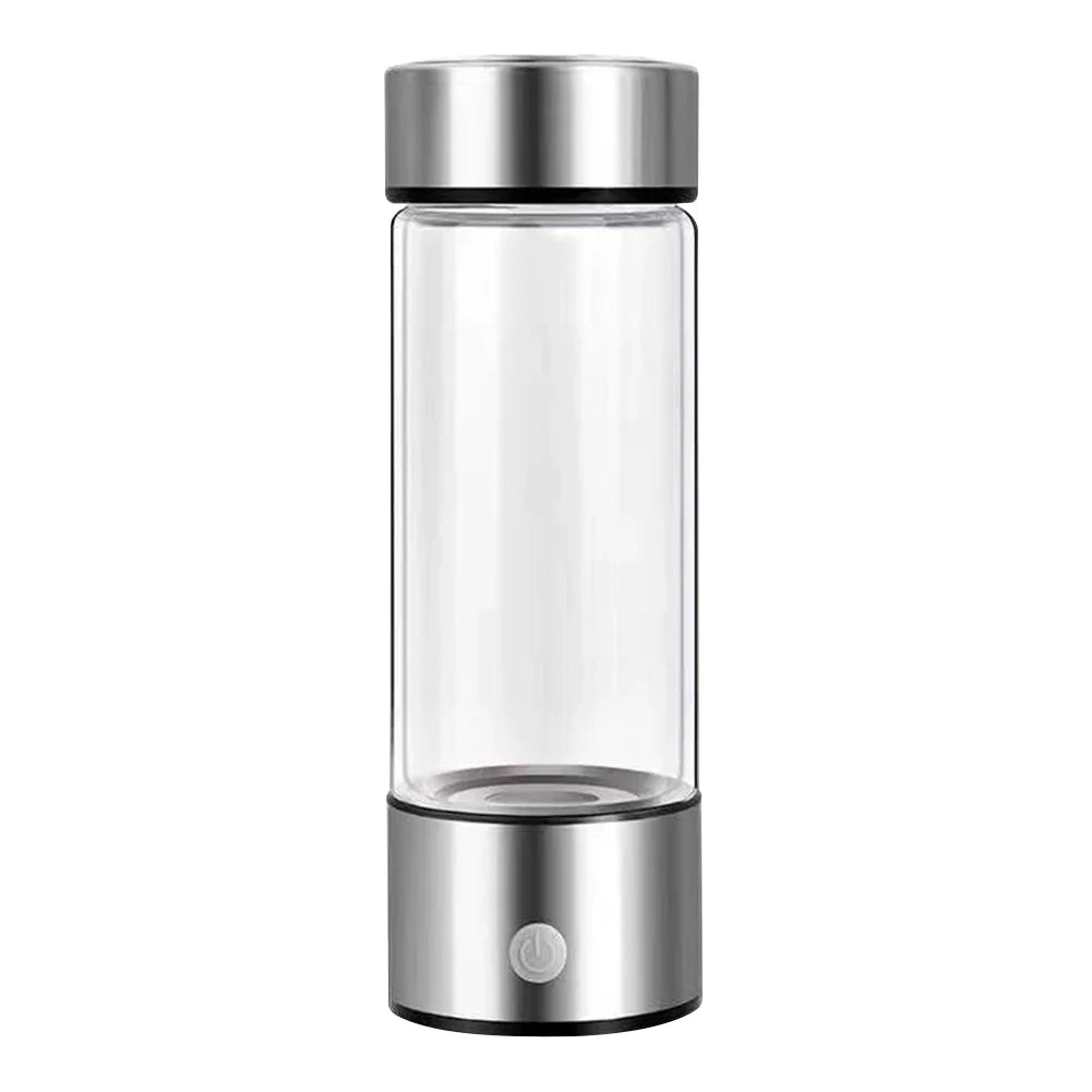 Sleek transparent hydrogen water bottle with silver lid and base and power button