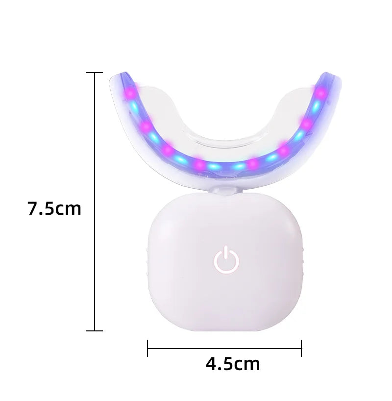 Genvita Pro teeth whitening LED light device with blue and red lights, compact size 7.5cm by 4.5cm