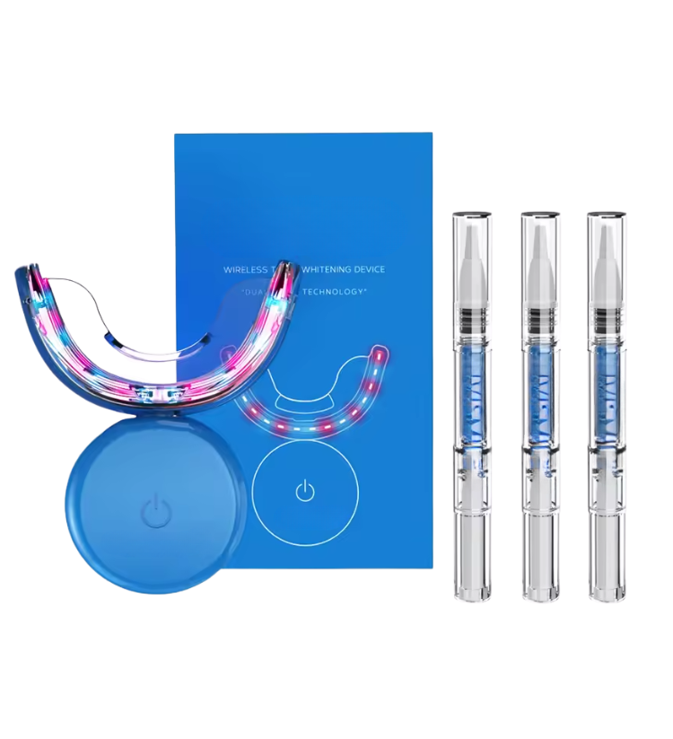 Genvita Pro wireless teeth whitening device with LED light and whitening gel pens in blue packaging