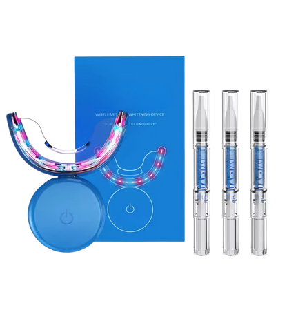 Genvita Pro wireless teeth whitening device with LED light and whitening gel pens in blue packaging