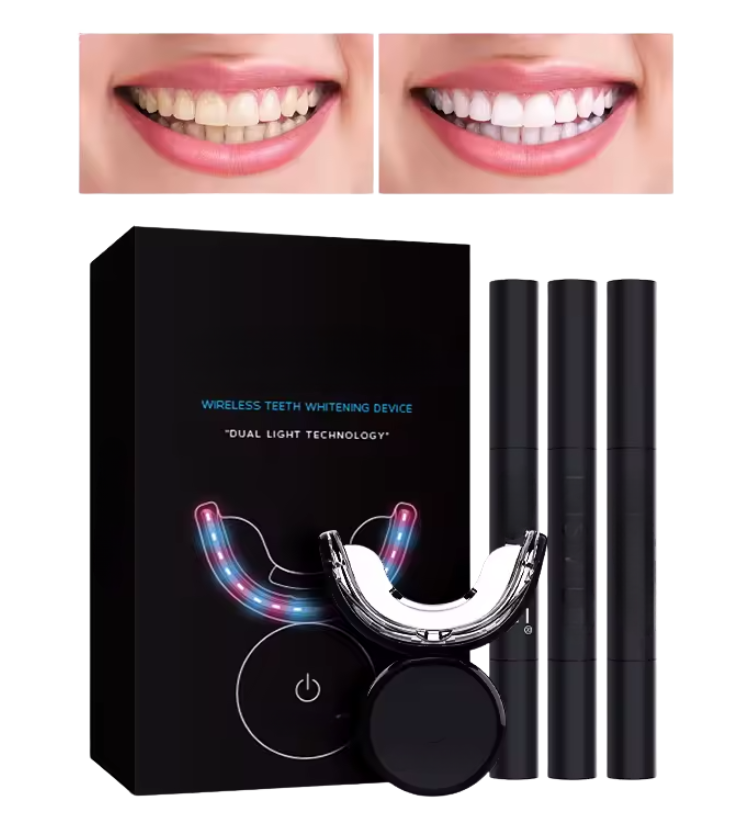 Genvita Pro wireless teeth whitening device with before and after results and dual light technology kit