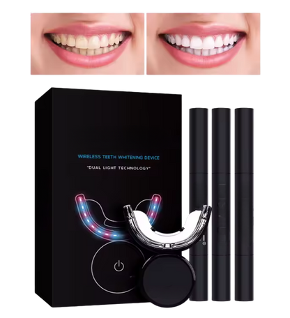 Genvita Pro wireless teeth whitening device with before and after results and dual light technology kit