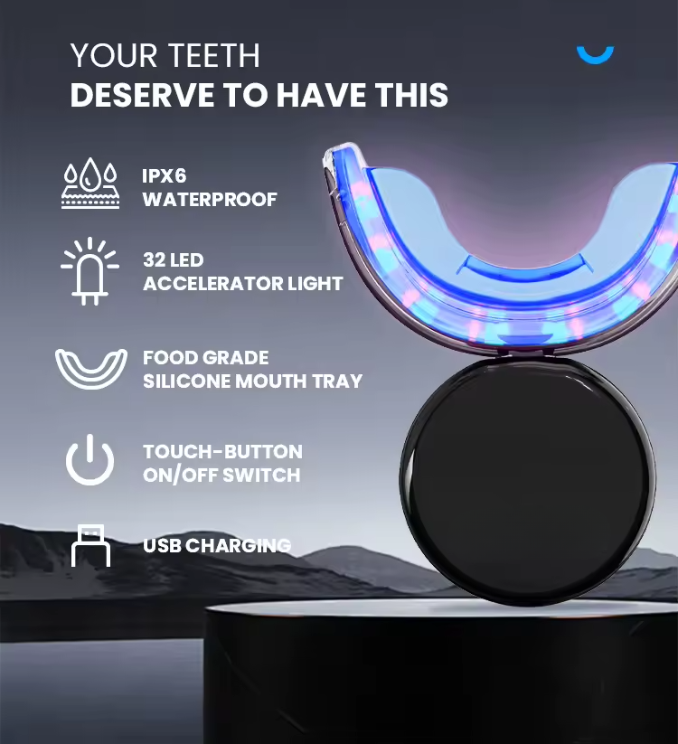 Genvita Pro LED teeth whitening device with waterproof silicone mouth tray and USB charging