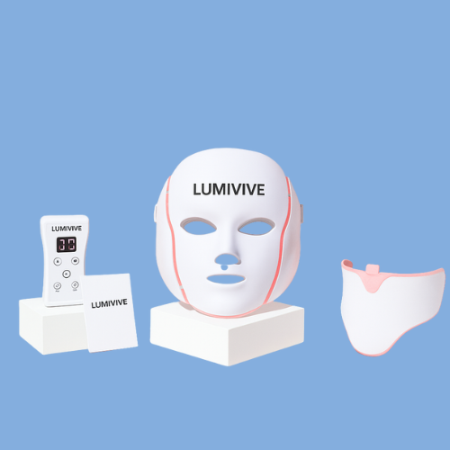 LumiVive™ Face Mask light therapy device with control unit and face contour pad on blue background