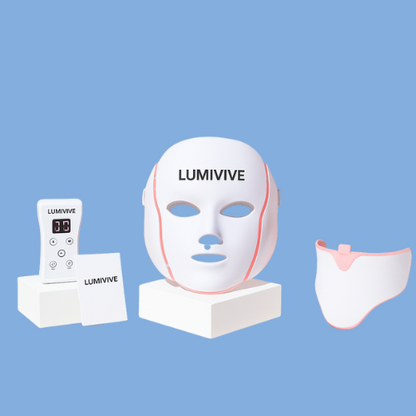 LumiVive™ Face Mask light therapy device with control unit and face contour pad on blue background